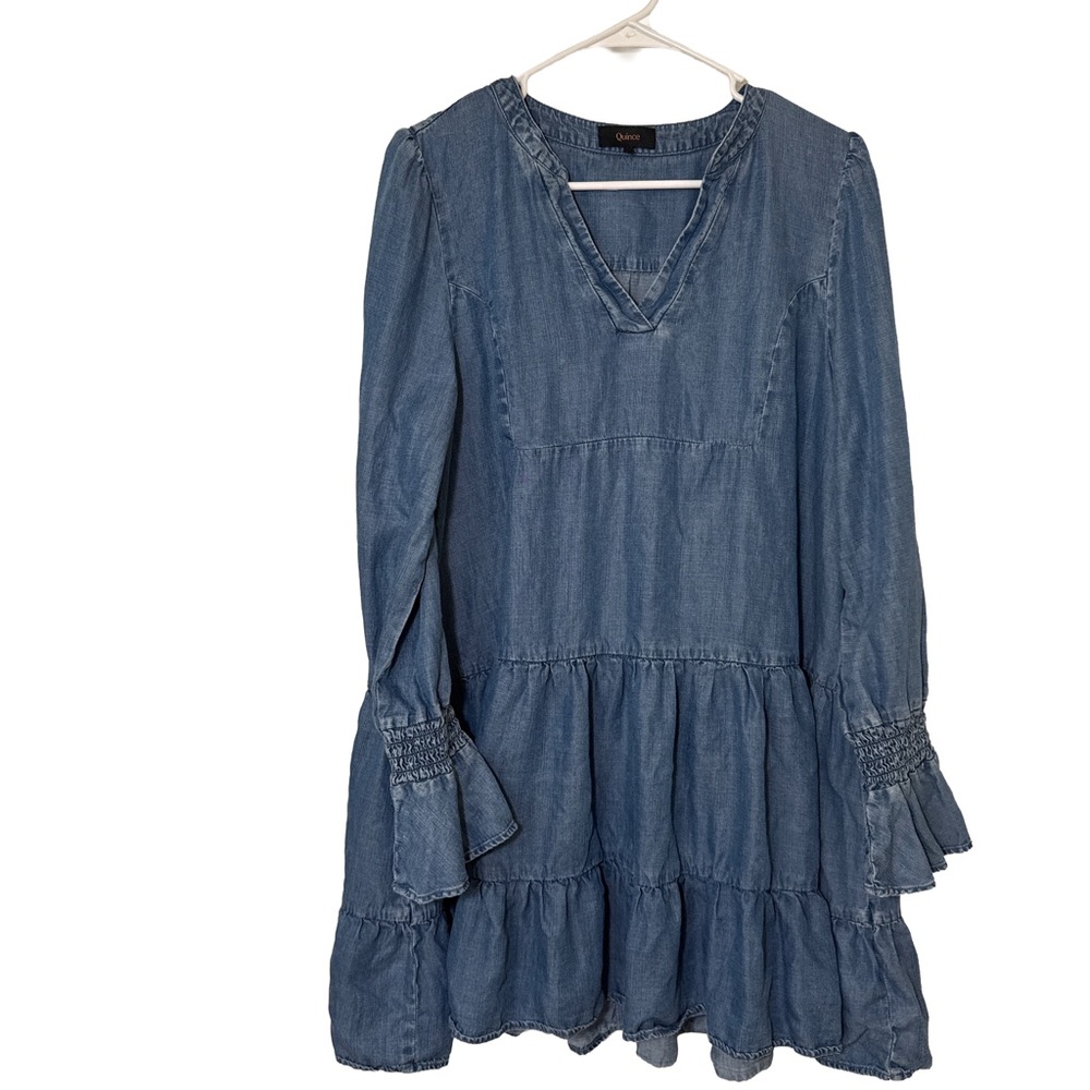 QUINCE Women’s Chambray Tencel Tiered Mini Dress Long Sleeve Coastal Cowgirl
